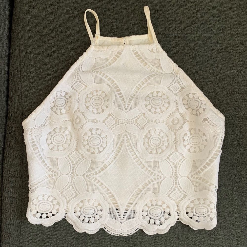 A&F white lace cutout tank